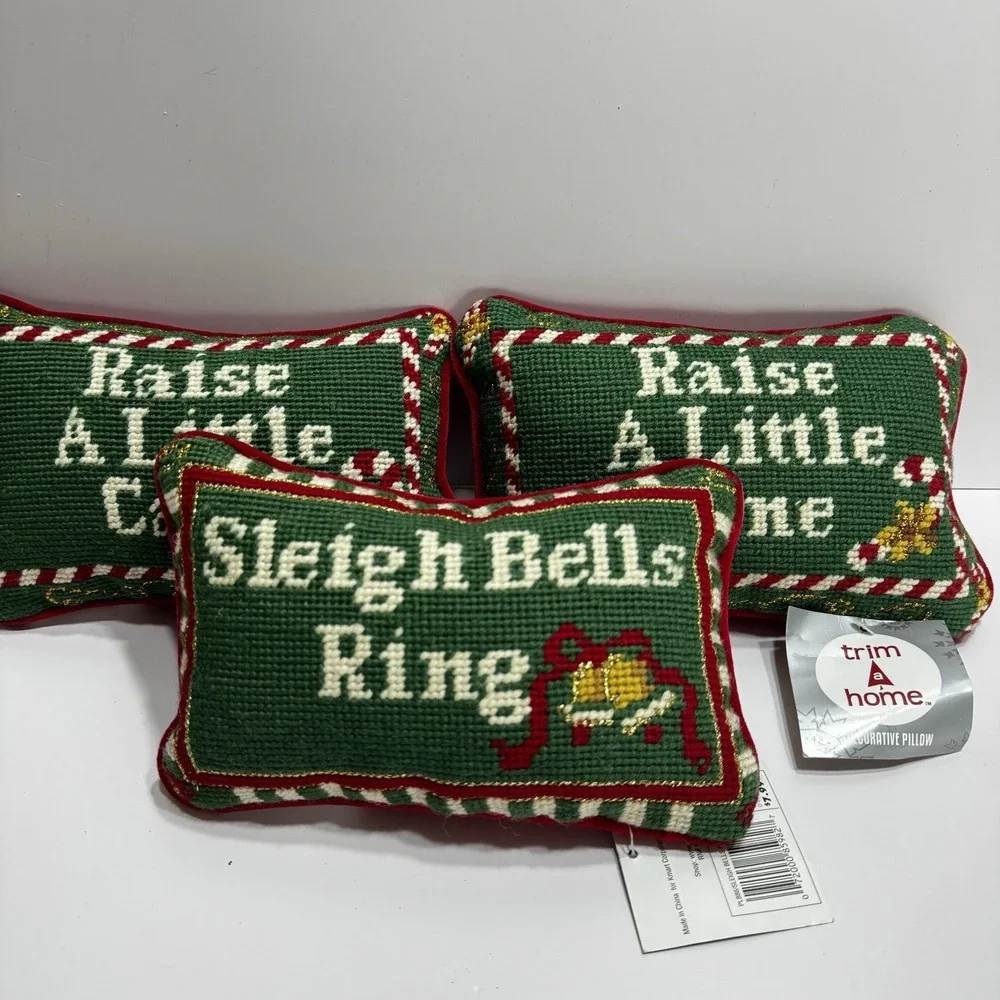 Lot Set 3 Pillows Raise a Little Cane Sleigh Bells Ring Christmas Accent Small